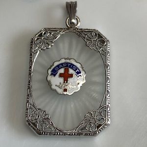 Antique/Vintage Sterling Camphor Glass Baptist Pendant (firm)